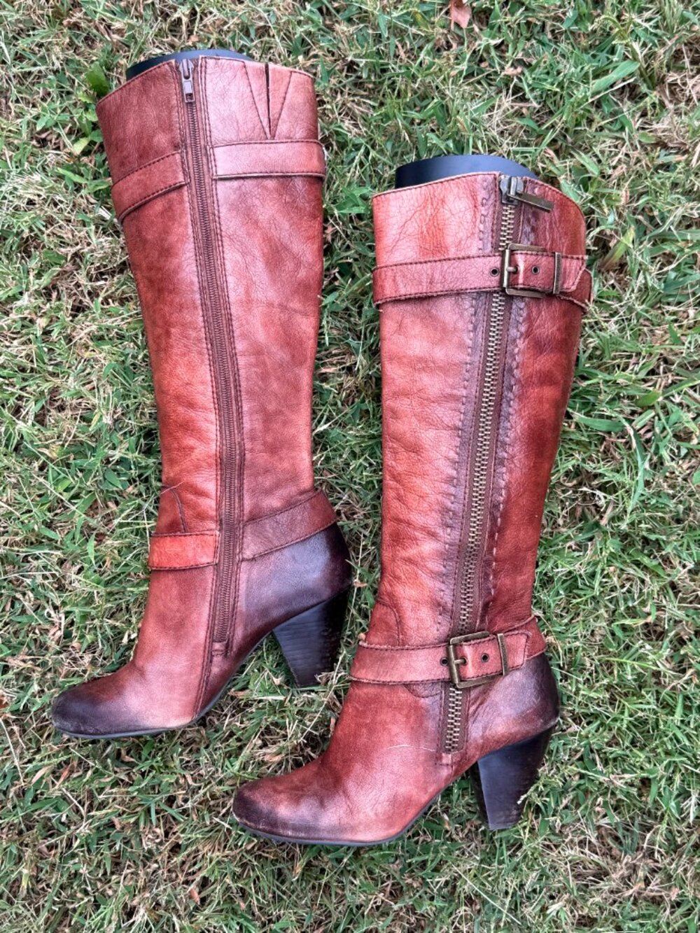 Arturo Chiang Womens 7M Brown Leather Knee High Boots Y2K Moto Boho Heel 4287